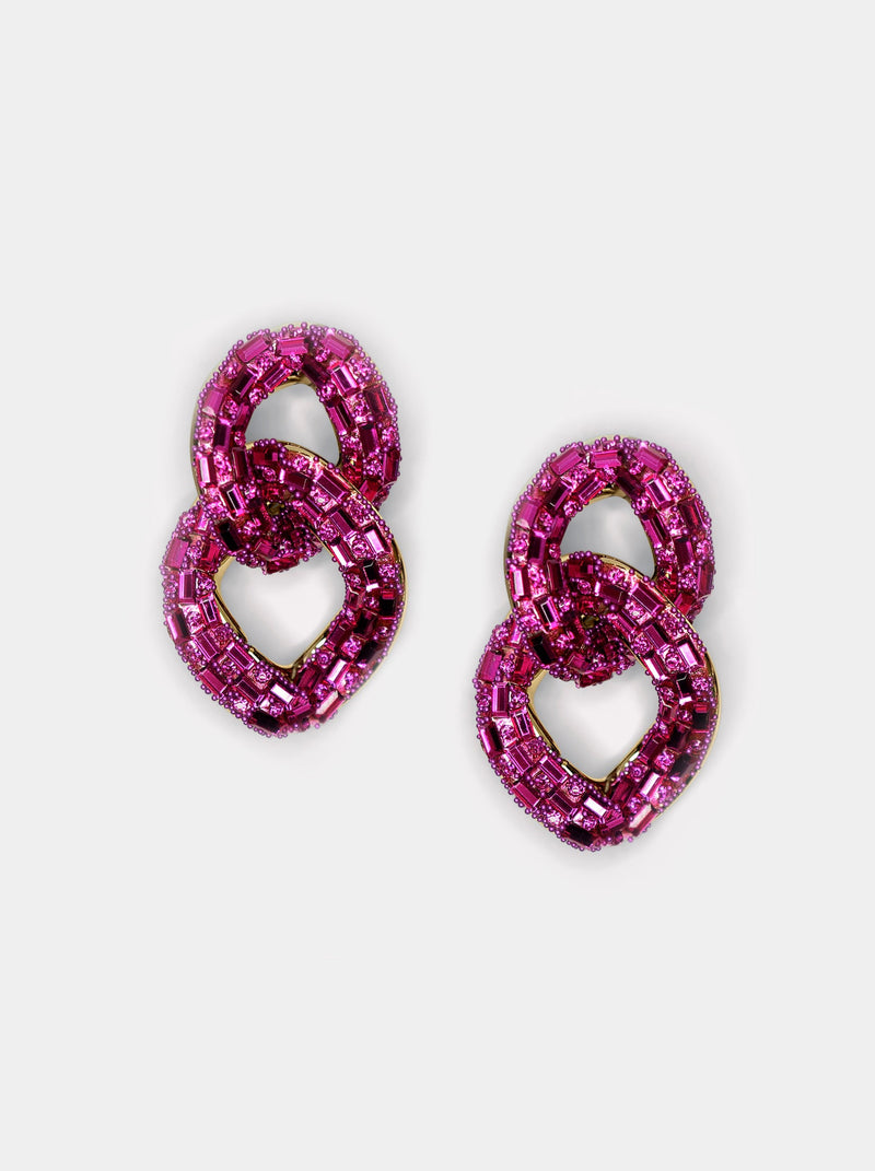 CRYSTAL PAVED LINK EARRINGS- HOT PINK