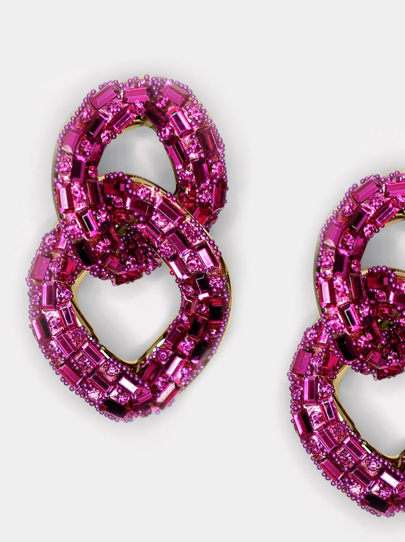 CRYSTAL PAVED LINK EARRINGS- HOT PINK